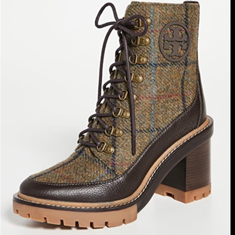 Tory Burch Miller Lug Sole Booties; olive plaid